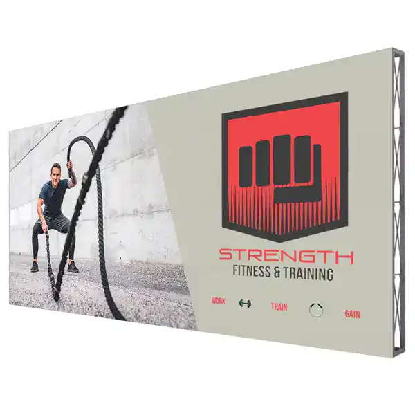20ft x 10ft Lumiere continuous non-backlit SEG fabric trade show wall with a custom printed graphic